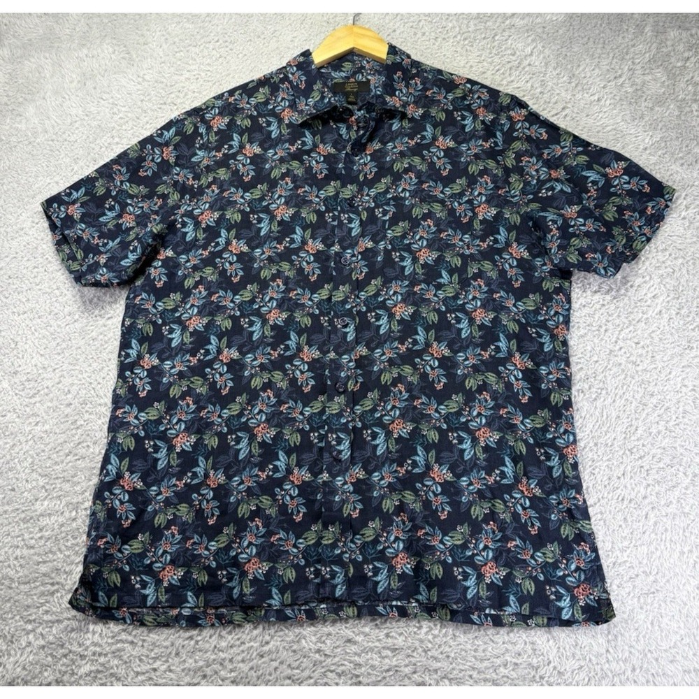 Club Room Shirt Mens Large Blue 100% Linen Floral Hawaiian Button Up